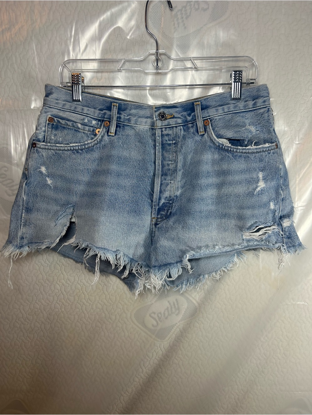 Agolde Light Blue Distressed Denim Cutoff Shorts